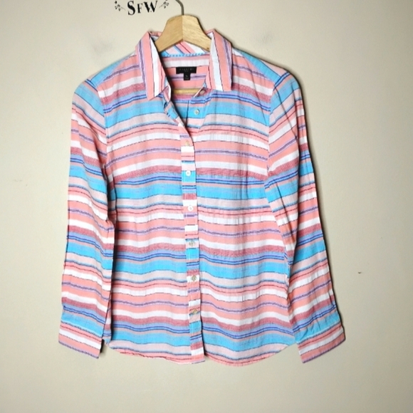 Talbots Petite Small Button Down Shirt 100% Cotton Pink Blue Striped Preppy - Picture 2 of 7